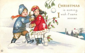 S/A MEP Mary Evans Price Postcard Christmas Embossed Children W/ Snowballs 417B