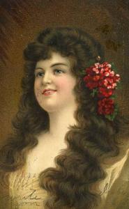 Lady with red flowers in hair - Artist Signed: Asti