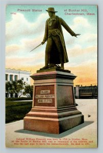 Charlestown MA, Prescott Statue At Bunker Hill, Vintage Massachusetts Postcard 