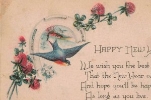c.1907-15 Winsch Back Horse Shoe Bluebird Floral New Year Postcard 2T6-490