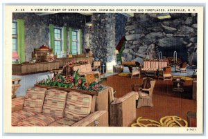 A View Of Lobby Of Grove Park Inn Big Fireplaces Asheville NC Vintage Postcard