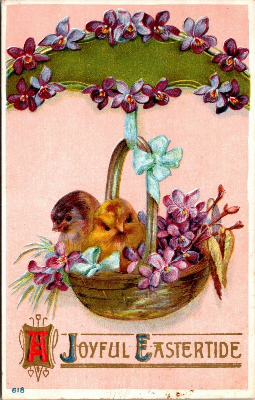 A Joyful Eastertide - Embossed Chickens Chicks - Easter Vintage Postcard 