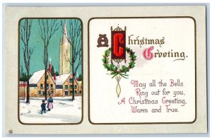 Christmas Postcard Greetings Church Scene Winter Holly Berries Denver CO 1915