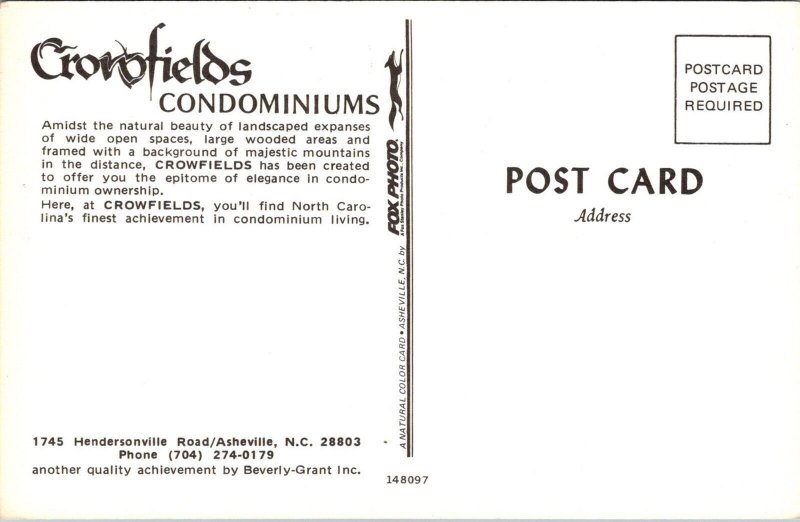 Picturesque Crowfields Condominiums, Ashville, North Carolina Postcard K28