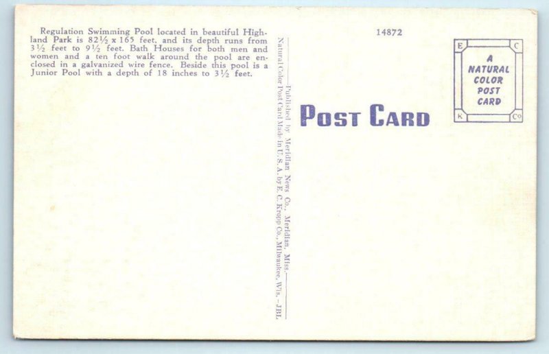 MERIDIAN, Mississippi  MS ~ Highland Park SWIMMING POOL ca 1940s Linen Postcard