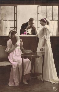 Artist Signed Man and Two Ladies by a Window Vintage RPPC 07.73