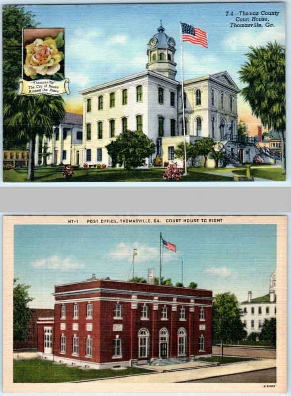 2 Postcards THOMASVILLE, Georgia GA ~ THOMAS COUNTY COURT HOUSE & Post Office