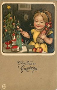 Embossed Postcard, Girl Plays w/ Wooden Dolls & Village, Christmas Tree, Germany