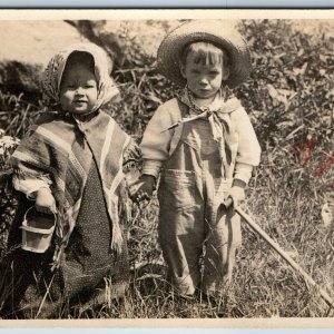 c1910s Adorable Children Farmers RPPC Outdoors Overalls Cute Boy & Girl PC A191