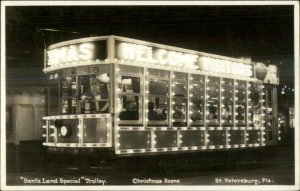 St. Petersburg FL Santa Land Trolley Lit-Up at Night Real Photo Postcard