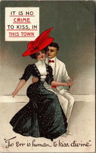 It is No Crime to Kiss in This Town Romantic c1909 Vintage Postcard M13