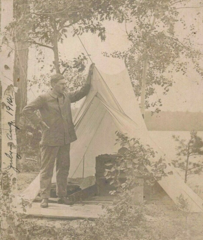 Circa 1913 Man Camping Standing Tent in Woods by Lake Real Photo RPPC 10C1-420