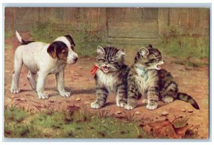 Postcard Two Kitten Saying Meow and Jack Russell Dog c1910 Oilette Tuck Dogs