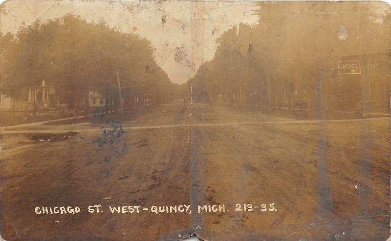 Quincy Michigan~Chicago Street West~Garage Sign~Unpaved Road~c1910 RPPC