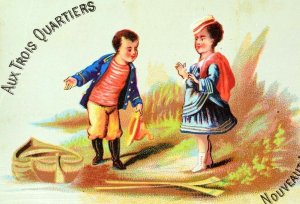 1880's Lovely Couple Aux Trois Quartiers Nouveautes Paris Victorian Card F82