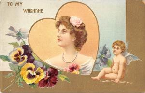 Valentine Greeting Nude Cupid With Bow And Woman's Face Antique Postcard V17298