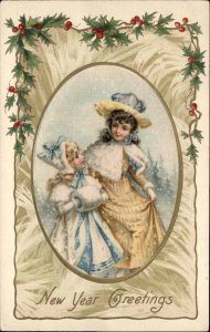 Christmas Winsch Schmucker Victorian Girls Children Real Silk c1910 Postcard