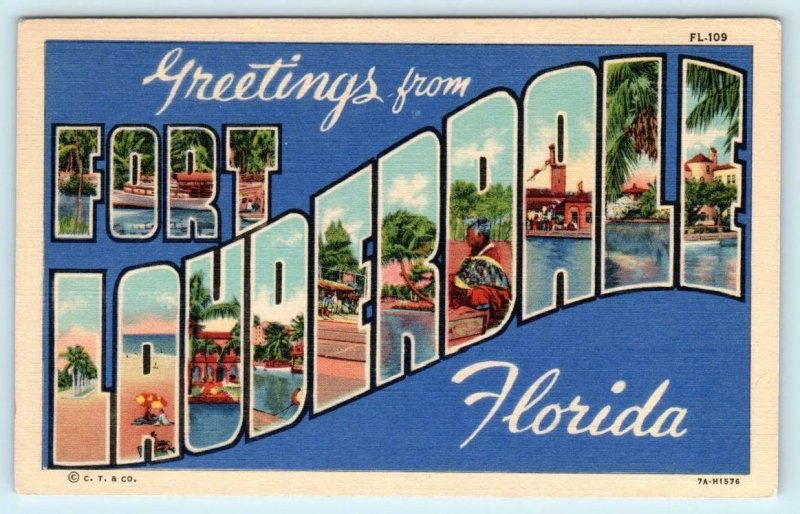 3 Large Letter Linens FORT LAUDERDALE, Florida FL ~ Curteich ca 1940s Postcards