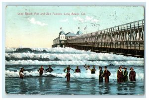 c1907 Long Beach CA, Guests Gather in Pier and Sun Pavilion Antique Postcard