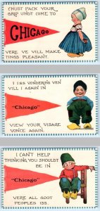 3 Postcards CHICAGO Illinois IL ~ Pennant Cards DUTCH KIDS ca 1910s Greetings