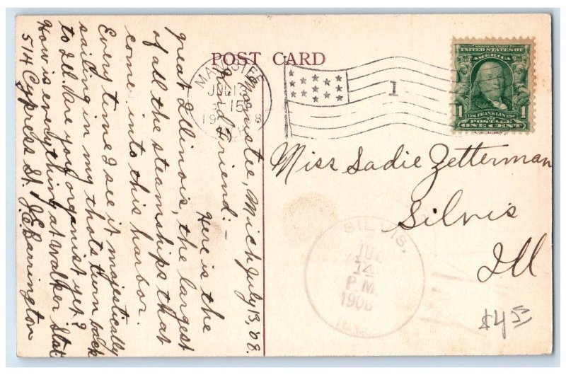 1908 Scene Of Steamship Illinois Manistee Michigan MI Posted Silvis IL Postcard