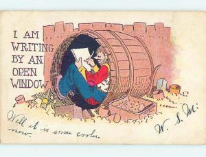 Pre-1907 comic HOBO MAN LIVING IN A WOODEN BARREL HQ8471