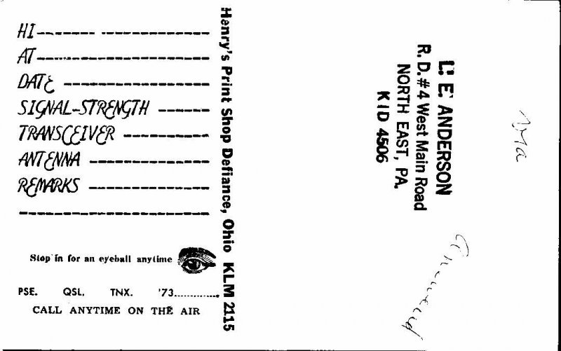 QSL Radio Card From Defiance Ohio KLN-4956 