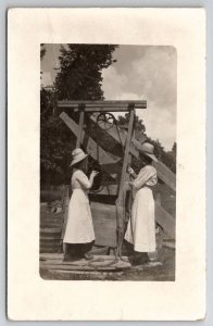 RPPC Two Edwardian Women Well Bucket Pulley Wheel Real Photo c1910 Postcard U21