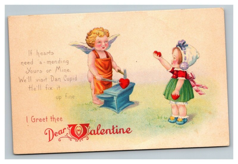 Vintage 1910's Valentine Postcard Cute Cherub Cupid Blacksmith Working on Heart