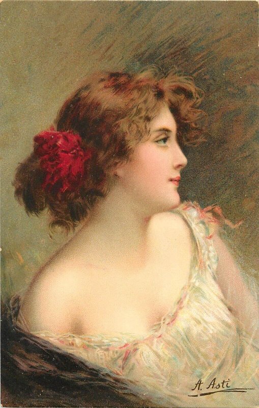 Asti Art Postcard; Beautiful Woman in Lingerie, Red Flower in Auburn Hair