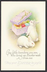 Easter Rabbit Postcard #3 Rabbits and Gift Box with Eggs 1920s