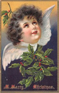 Christmas Greetings Cherub Angel Holly Leaves Tuck Postcard JH230451