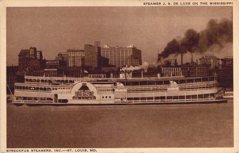 Old Steamboat, J.S. De Luxe, St Louis, MO, Mississippi River, Old Post Card