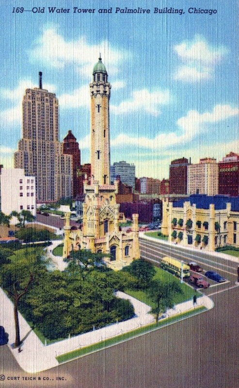 Old Water Tower And Palmolive Building Chicago Illinois Vintage Linen Post Card 