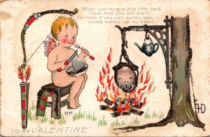 Valentine's Day Cupid Roasting Heart Over Open Fire