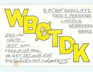 Pre-1980 RADIO CARD - CB HAM OR QSL Lincoln Nebraska NE AH2332