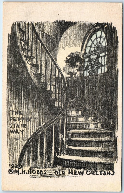 1939 Old New Orleans, LA Perfect Stairway Art Sketch PC H.M Hobbs Harmanson A322