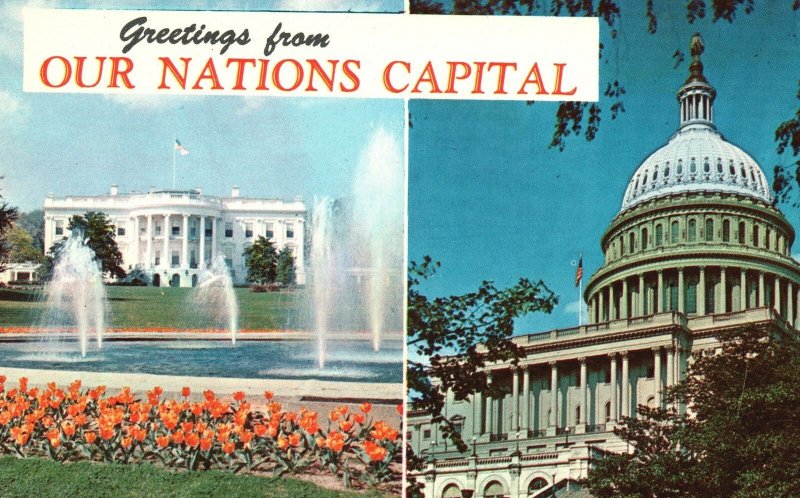 District Columbia DC, US Capitol and White House, Greetings Vintage Postcard