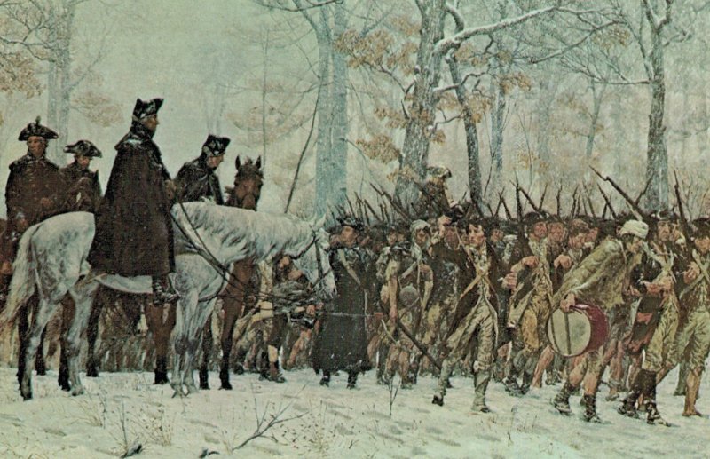 Painting, Geo Washington review ragged, hungry troops, Valley Forge, PA Postcard