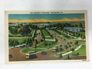 Roosevelt Boulevard Philadelphia PA Postcard Linen Double Decker Bus Cars