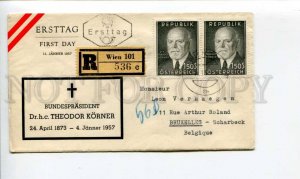 290103 AUSTRIA BELGIUM 1957 Theodor Korner First Day real post registered COVER