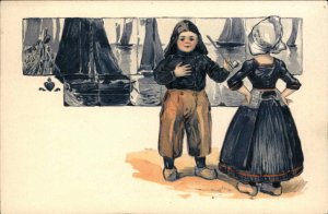 PFB Serie 3939 Little Dutch Boy with Pipe and Little Dutch Girl c1910 Postcard