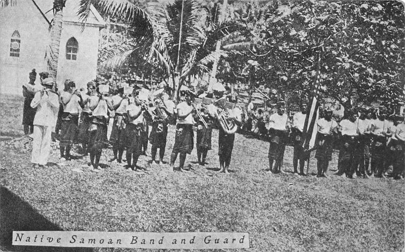 Bands~Native Samoan Band & Guard~Tuba~Trumpets~US Flag?~1910 B&W Postcard