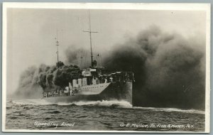 MILITARY SHIP IN BATTLE VINTAGE REAL PHOTO POSTCARD RPPC