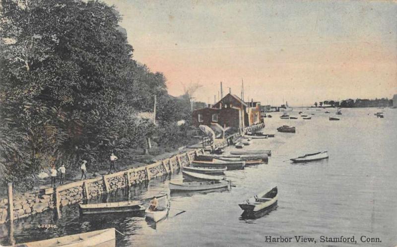 Stamford Connecticut birds eye view boats pier harbor antique pc Z40405 