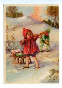 498825 East Germany GDR girl sled doll Boy with snowball Vintage postcard