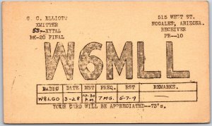 1936 QSL Radio Card Code W6MLL Nogales Arizona Amateur Station Posted Postcard
