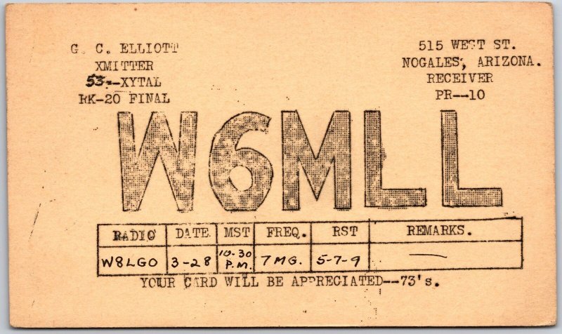 1936 QSL Radio Card Code W6MLL Nogales Arizona Amateur Station Posted Postcard