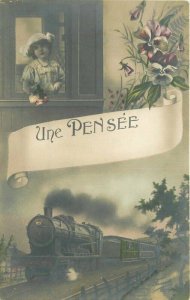 France hand tint Railway child floral C-1910 RPPC Photo Postcard 22-3118