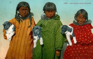 c1910 Arctic Natives Inuit Children Puppies Vintage Postcard P118